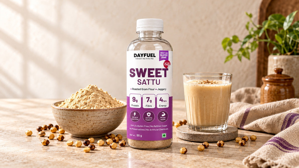 Dayfuel Sweet Sattu bottle beside a glass of sattu drink, a bowl of roasted gram flour and whole roasted chana