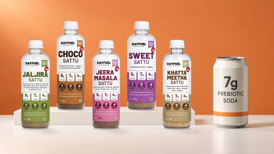The five Dayfuel sattu bottles, each showing 7 g of fibre, beside a prebiotic soda can labelled 7g