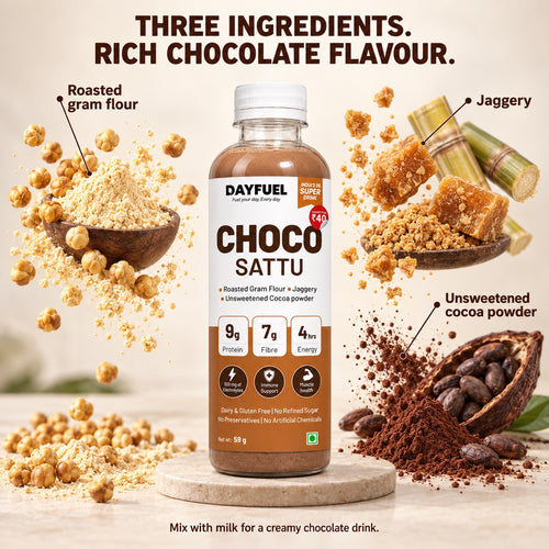 The ingredients inside Dayfuel Choco Sattu laid out around the bottle