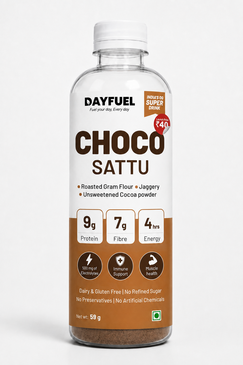 Dayfuel Choco Sattu bottle with roasted gram sattu premix inside