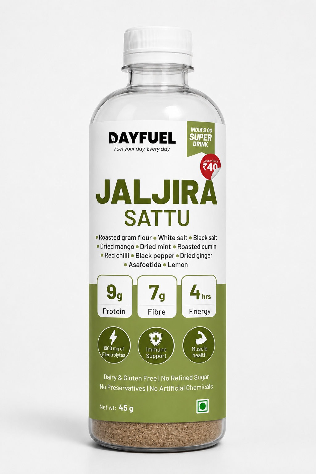 Dayfuel Jaljira Sattu bottle with roasted gram sattu premix inside