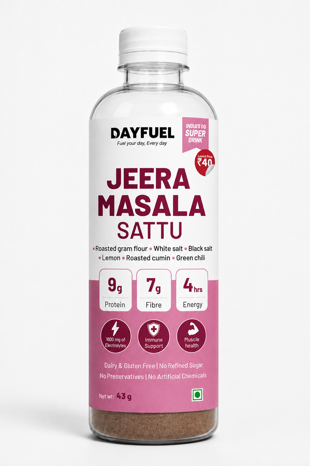 Dayfuel Jeera Masala Sattu bottle with roasted gram sattu premix inside