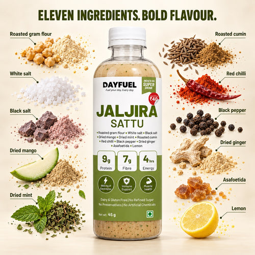 The ingredients inside Dayfuel Jaljira Sattu laid out around the bottle