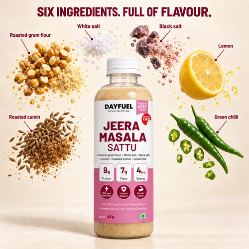 The six ingredients inside Dayfuel Jeera Masala Sattu laid out around the bottle