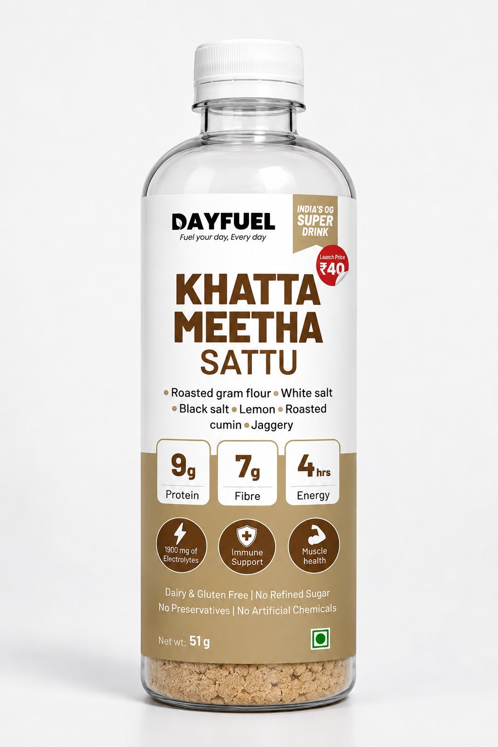 Dayfuel Khatta Meetha Sattu bottle with roasted gram sattu premix inside