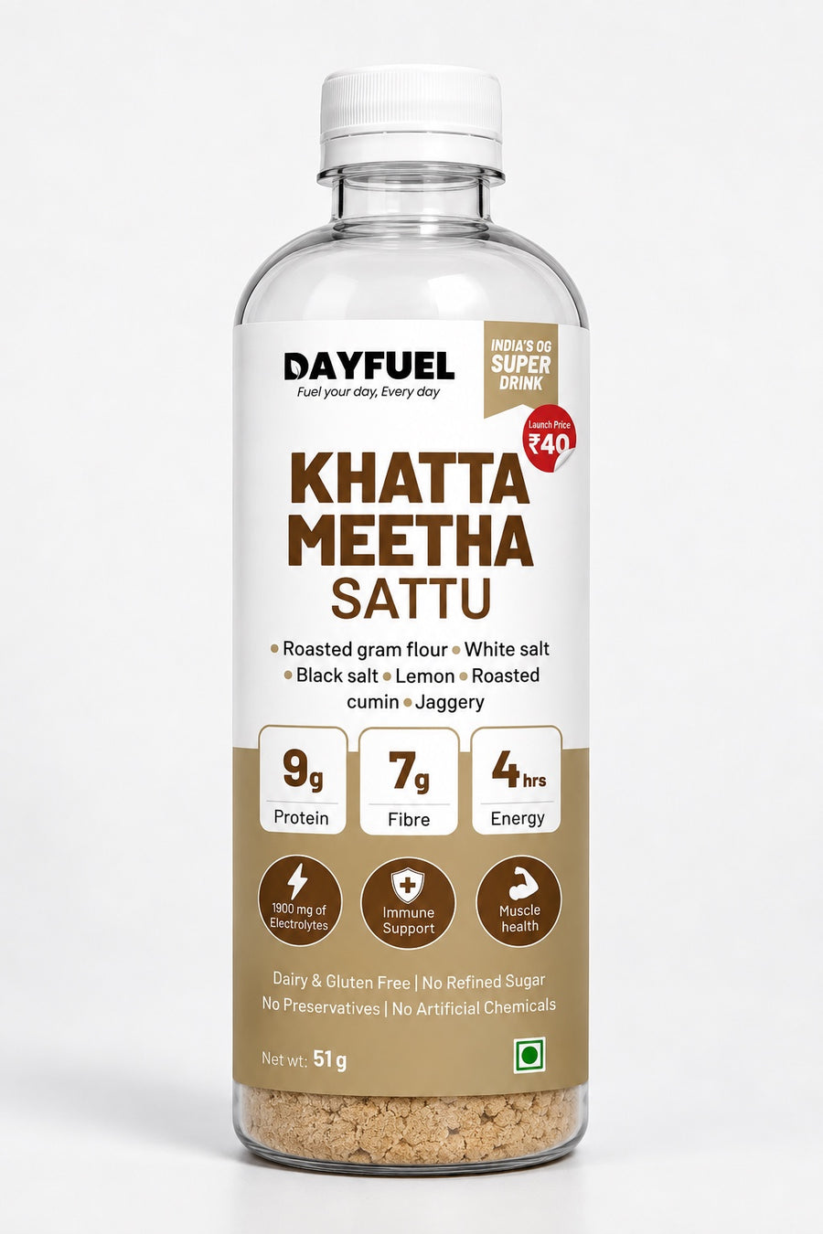 Dayfuel Khatta Meetha Sattu bottle with roasted gram sattu premix inside