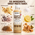 The ingredients inside Dayfuel Khatta Meetha Sattu laid out around the bottle