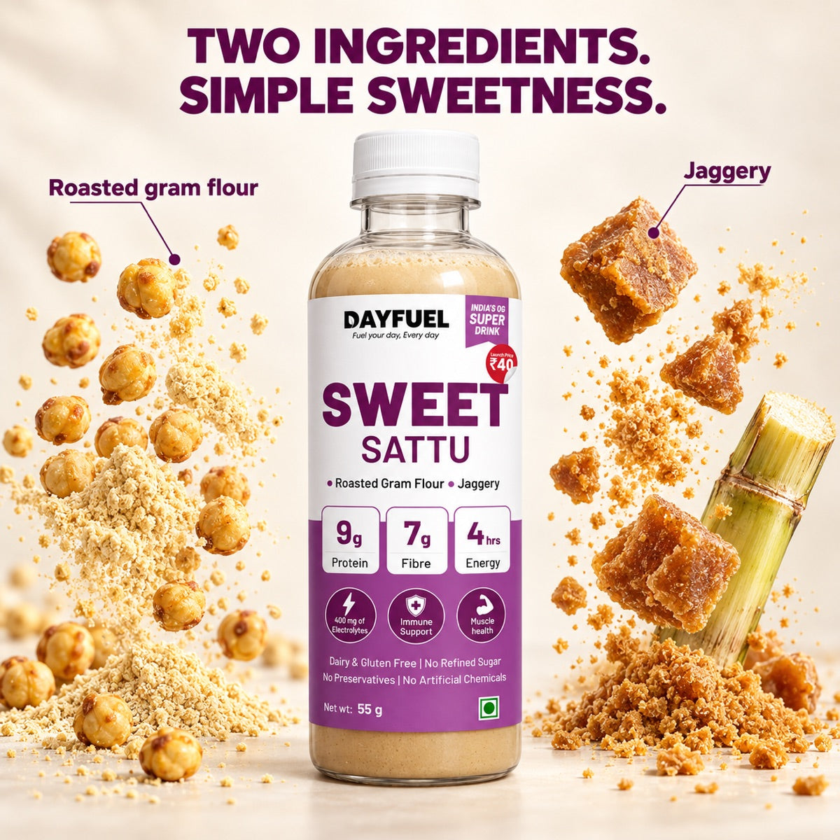 The ingredients inside Dayfuel Sweet Sattu laid out around the bottle