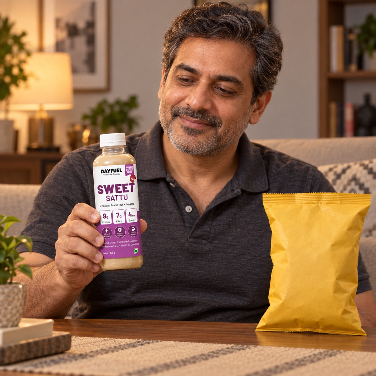 Choosing a bottle of Dayfuel Sweet Sattu