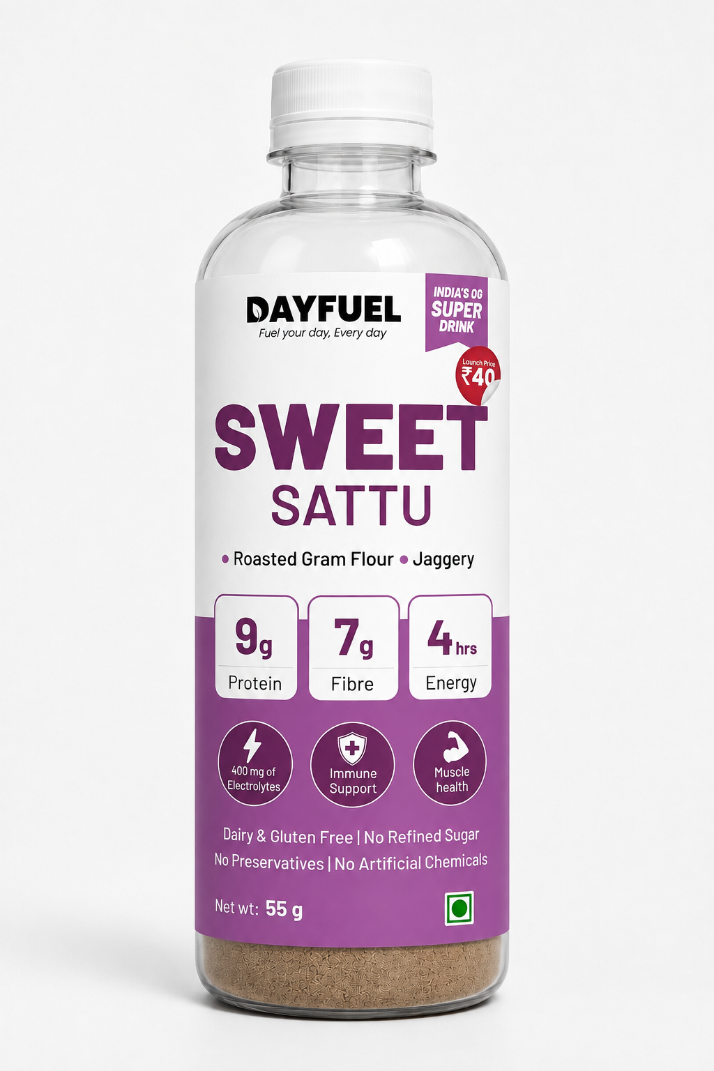 Dayfuel Sweet Sattu bottle with roasted gram sattu premix inside
